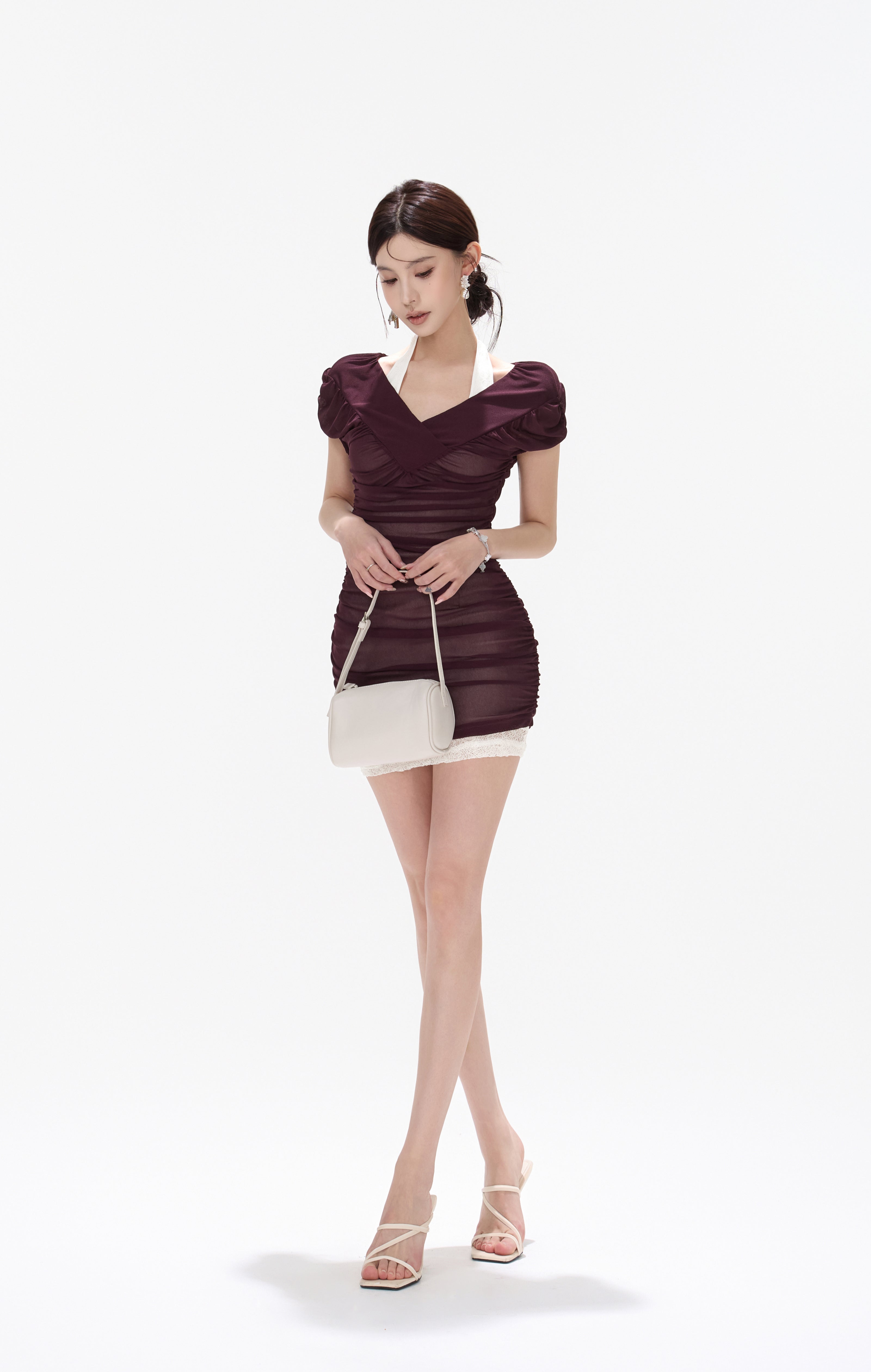 CYNR CY260421DSP Pleated mesh off shoulder dress