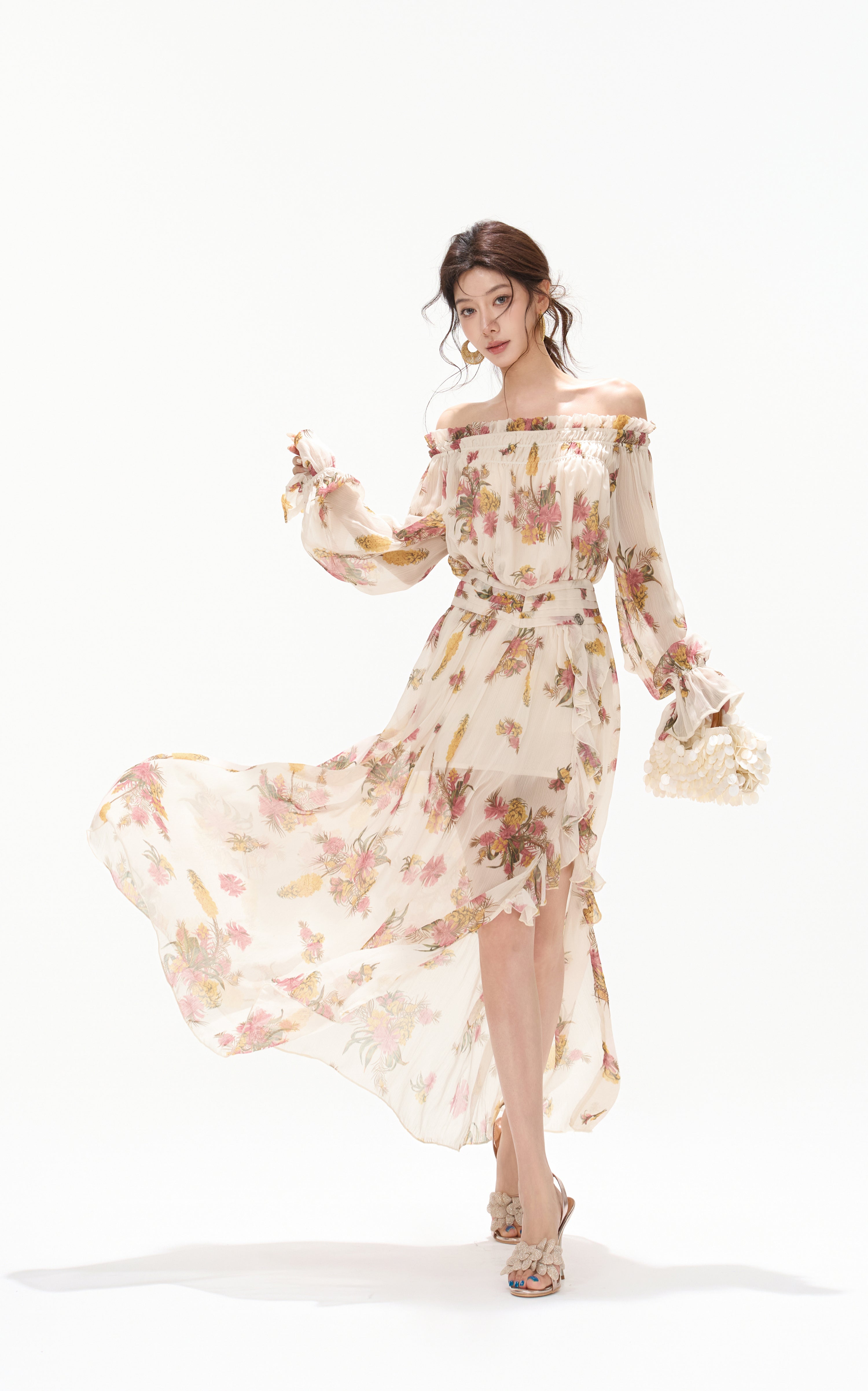 CYNR CY260432HLY Plant printed chiffon off shoulder dress