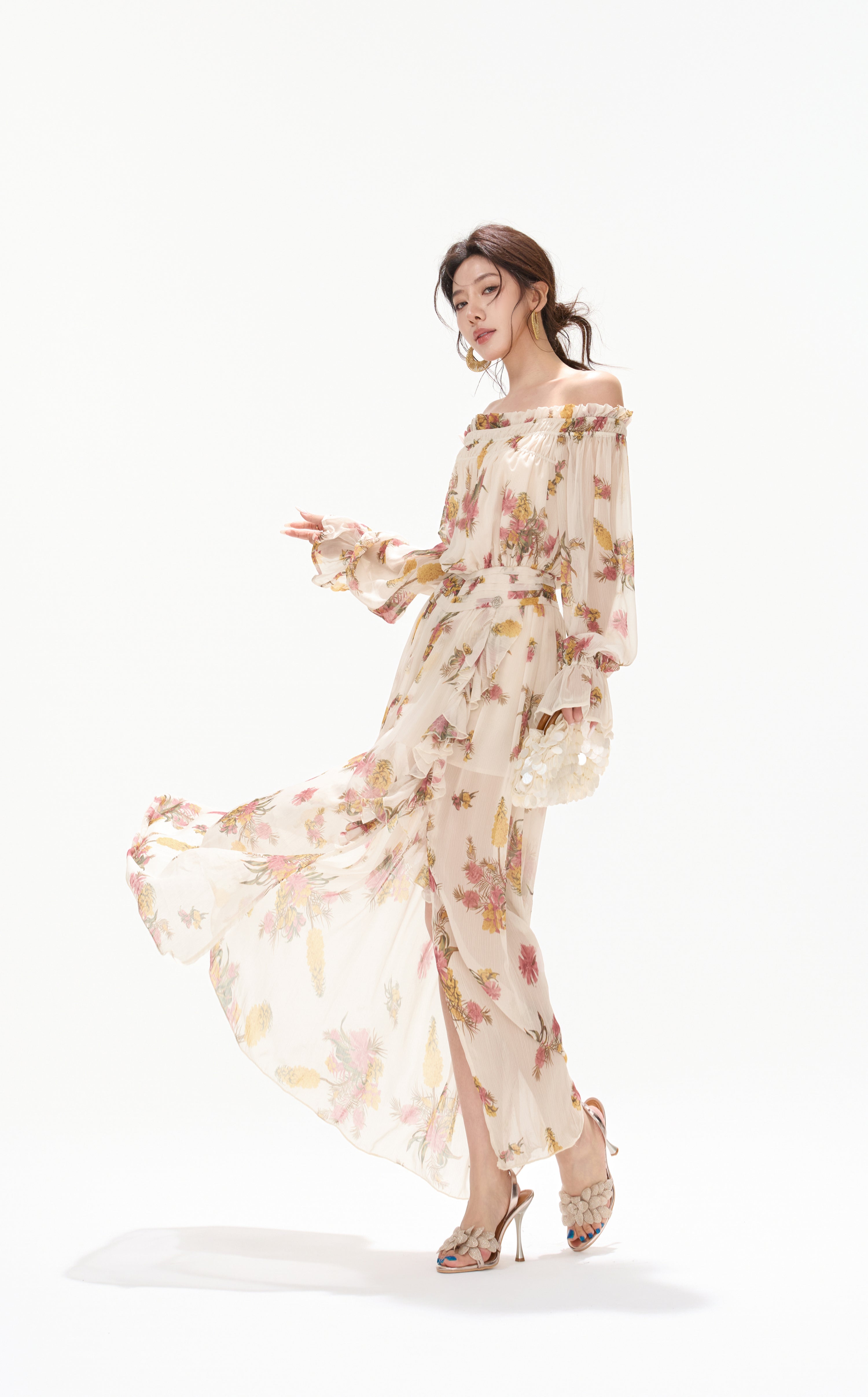 CYNR CY260432HLY Plant printed chiffon off shoulder dress