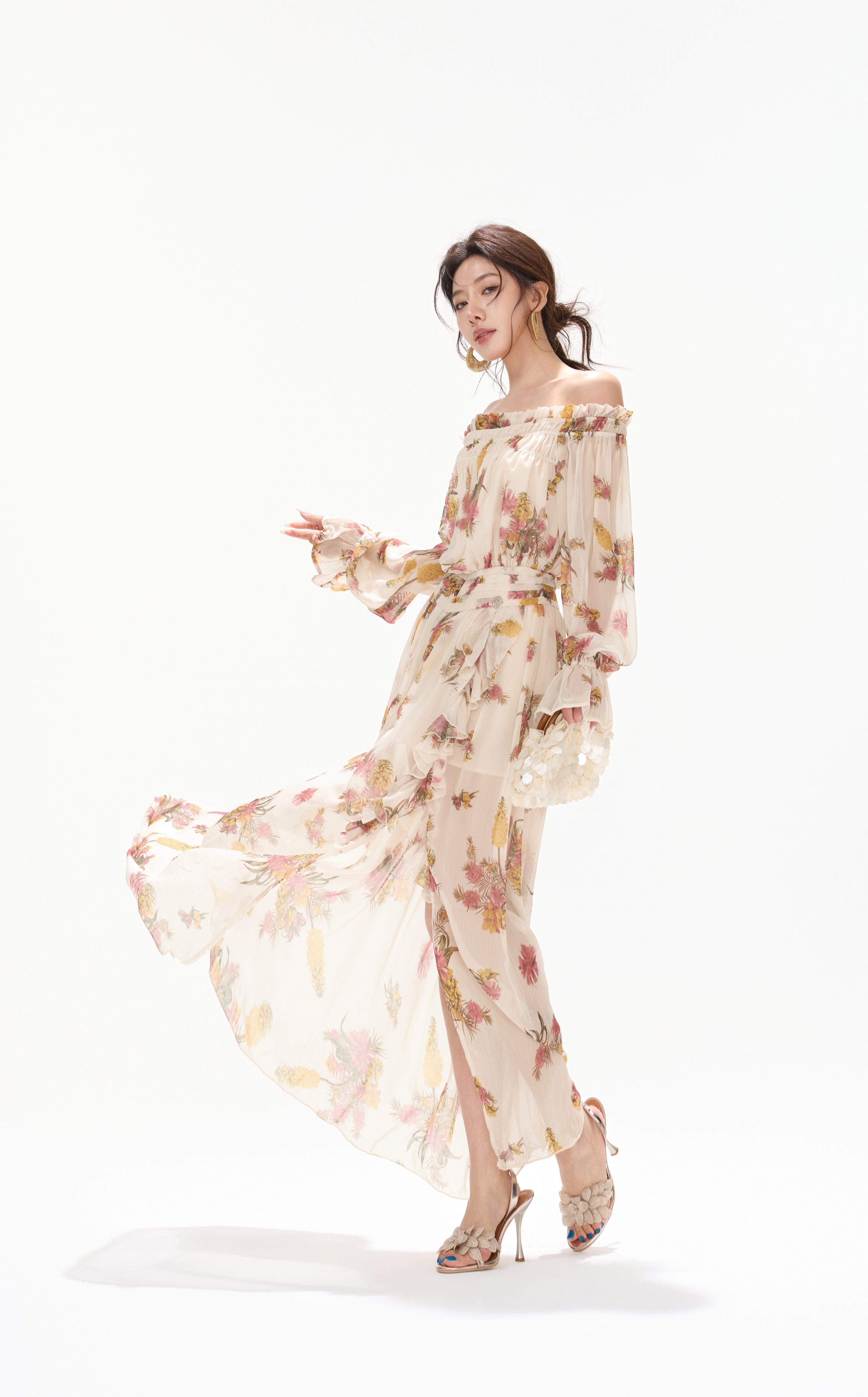 CYNR CY260432HLY Plant printed chiffon off shoulder dress