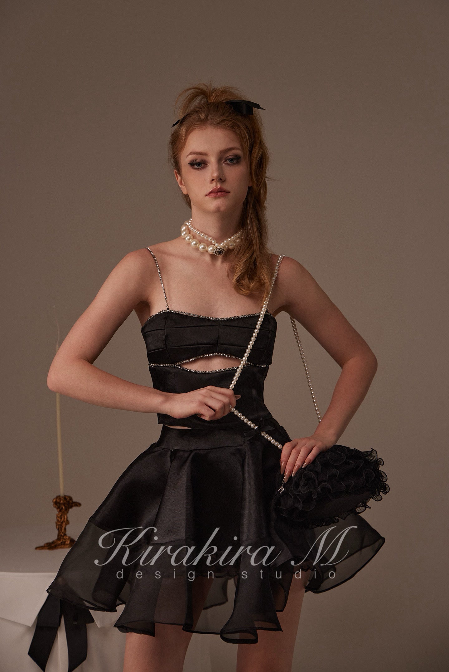 Kirakira.M Black diamond hollow-out top & Black lace swing skirt