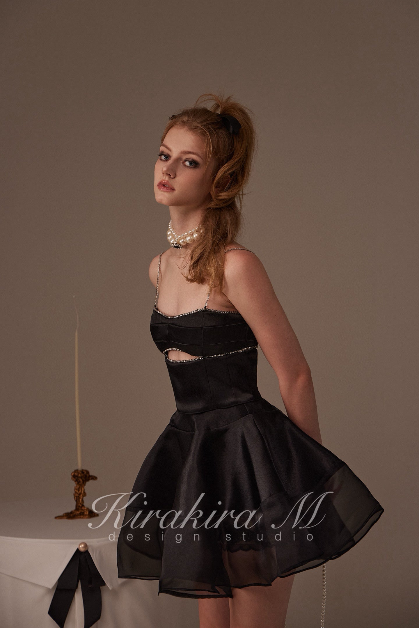 Kirakira.M Black diamond hollow-out top & Black lace swing skirt