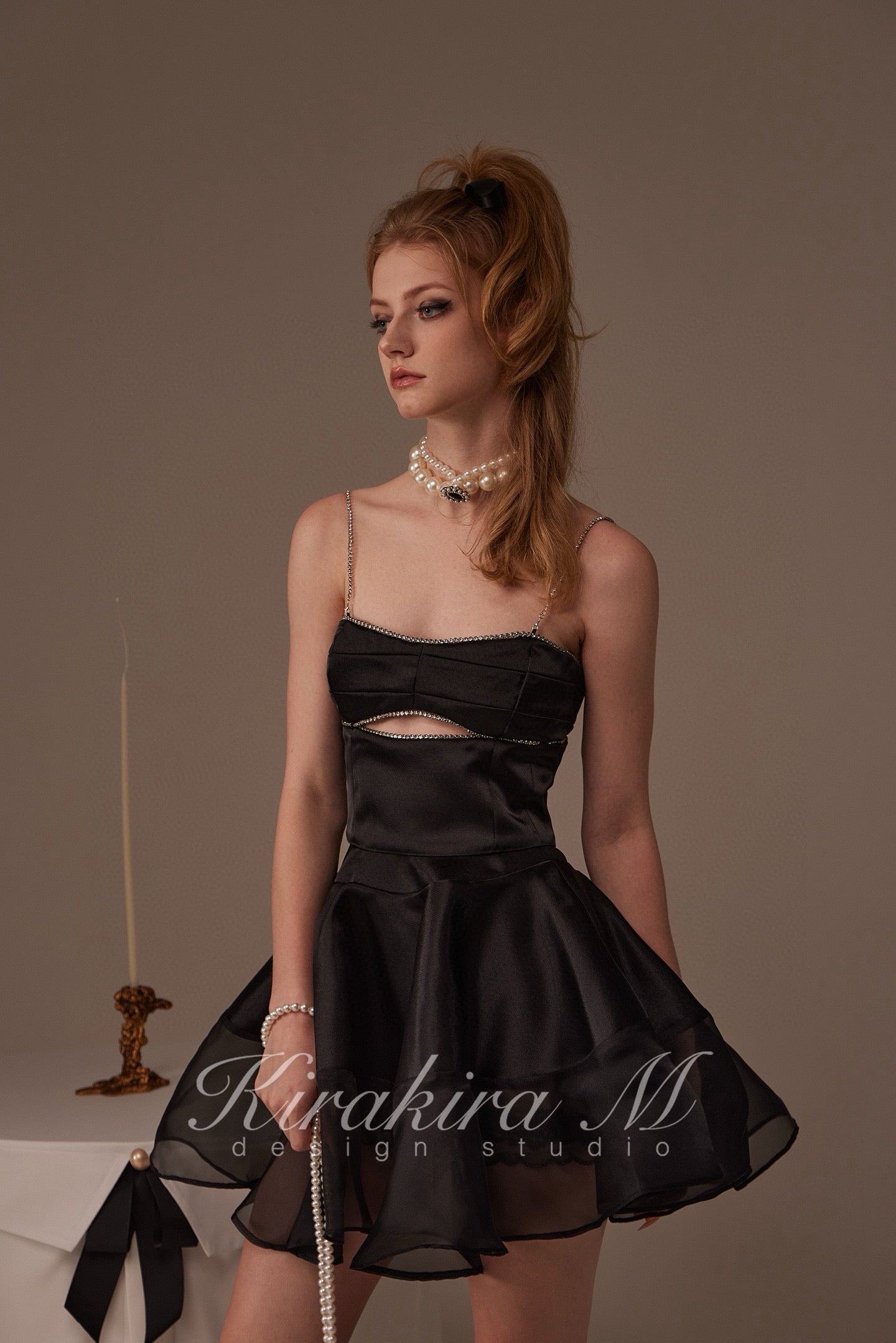 Kirakira.M Black diamond hollow-out top & Black lace swing skirt