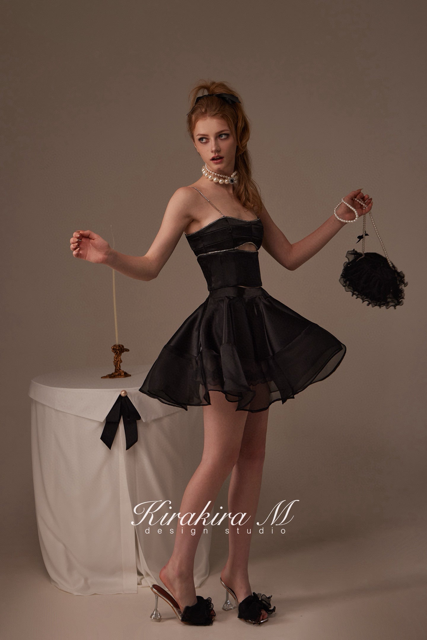 Kirakira.M Black diamond hollow-out top & Black lace swing skirt