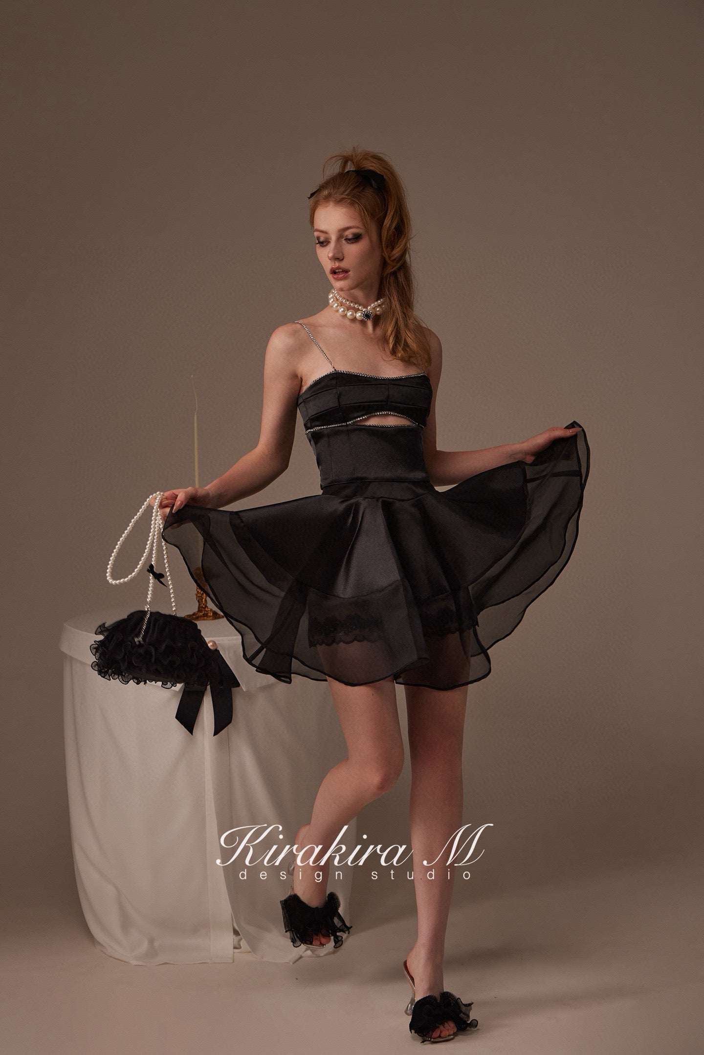 Kirakira.M Black diamond hollow-out top & Black lace swing skirt