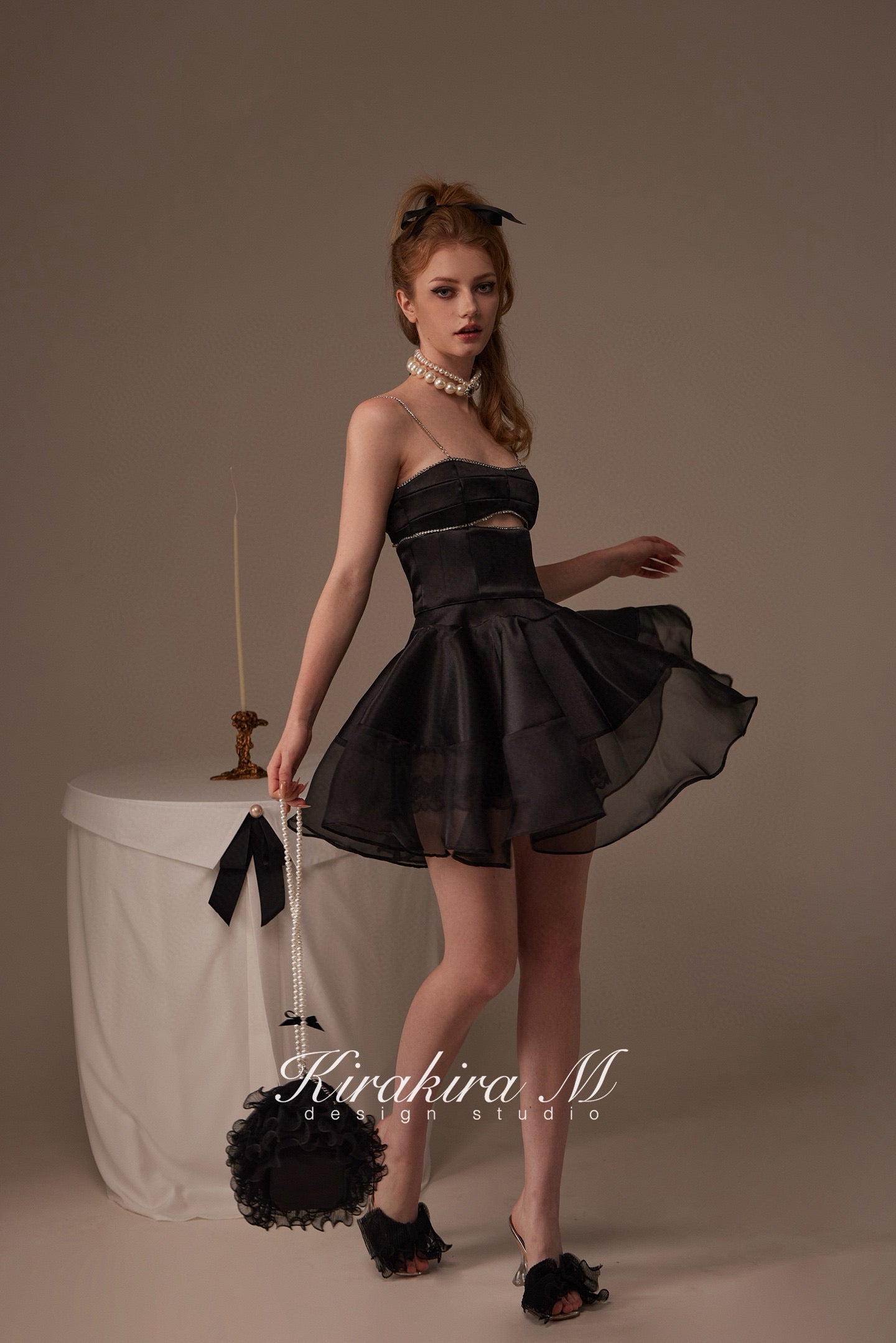 Kirakira.M Black diamond hollow-out top & Black lace swing skirt