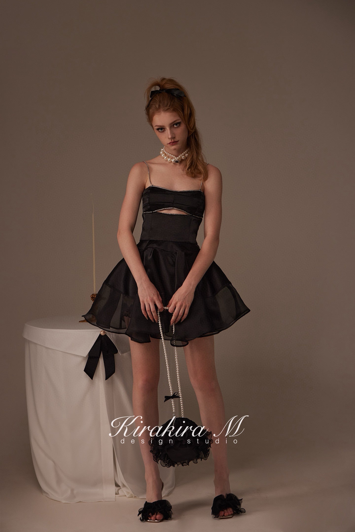 Kirakira.M Black diamond hollow-out top & Black lace swing skirt