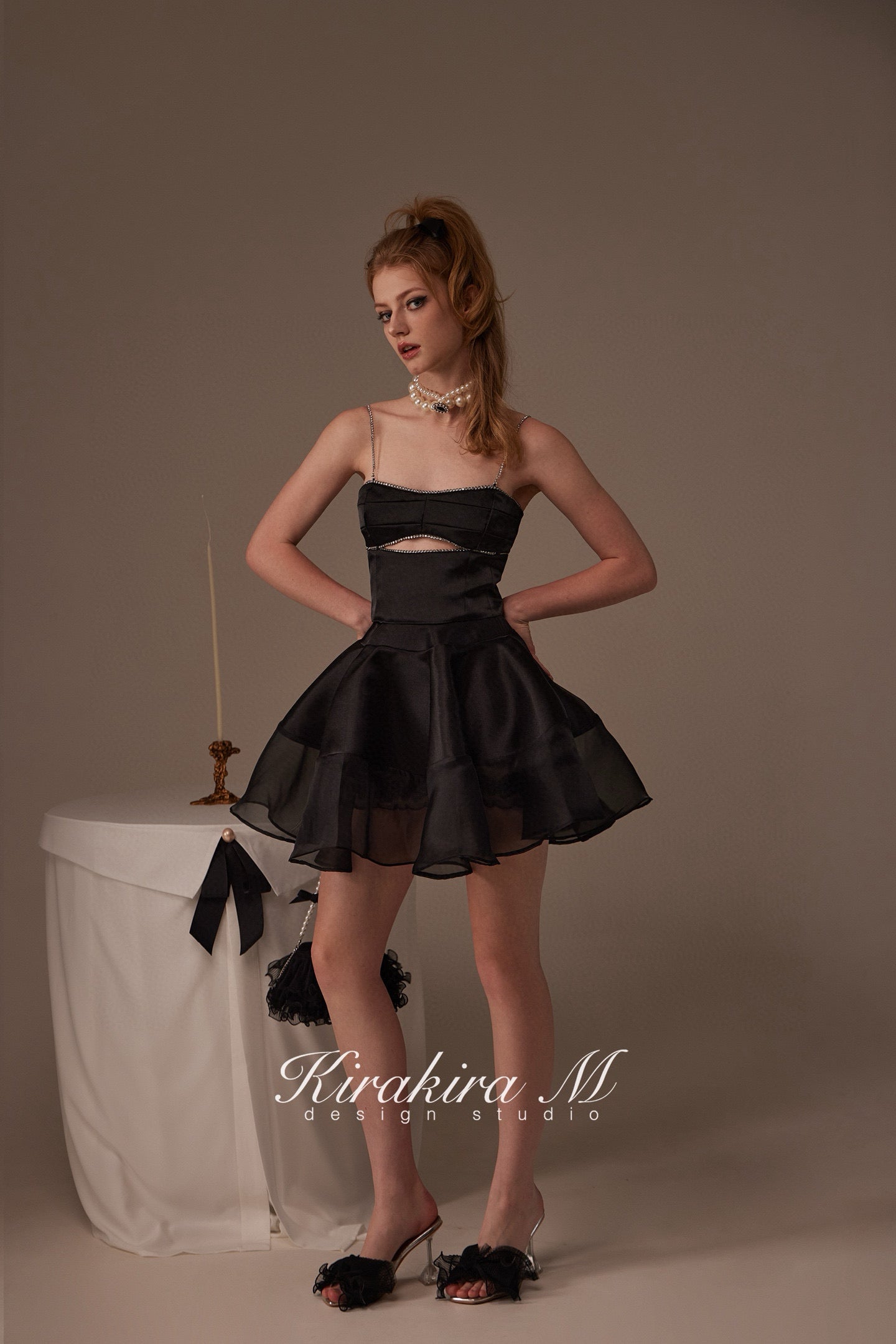 Kirakira.M Black diamond hollow-out top & Black lace swing skirt