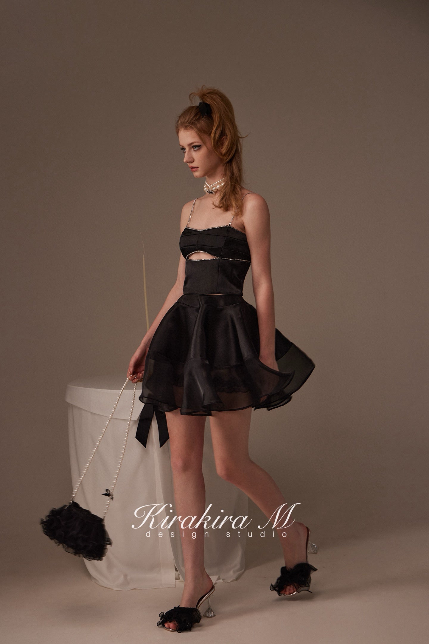 Kirakira.M Black diamond hollow-out top & Black lace swing skirt