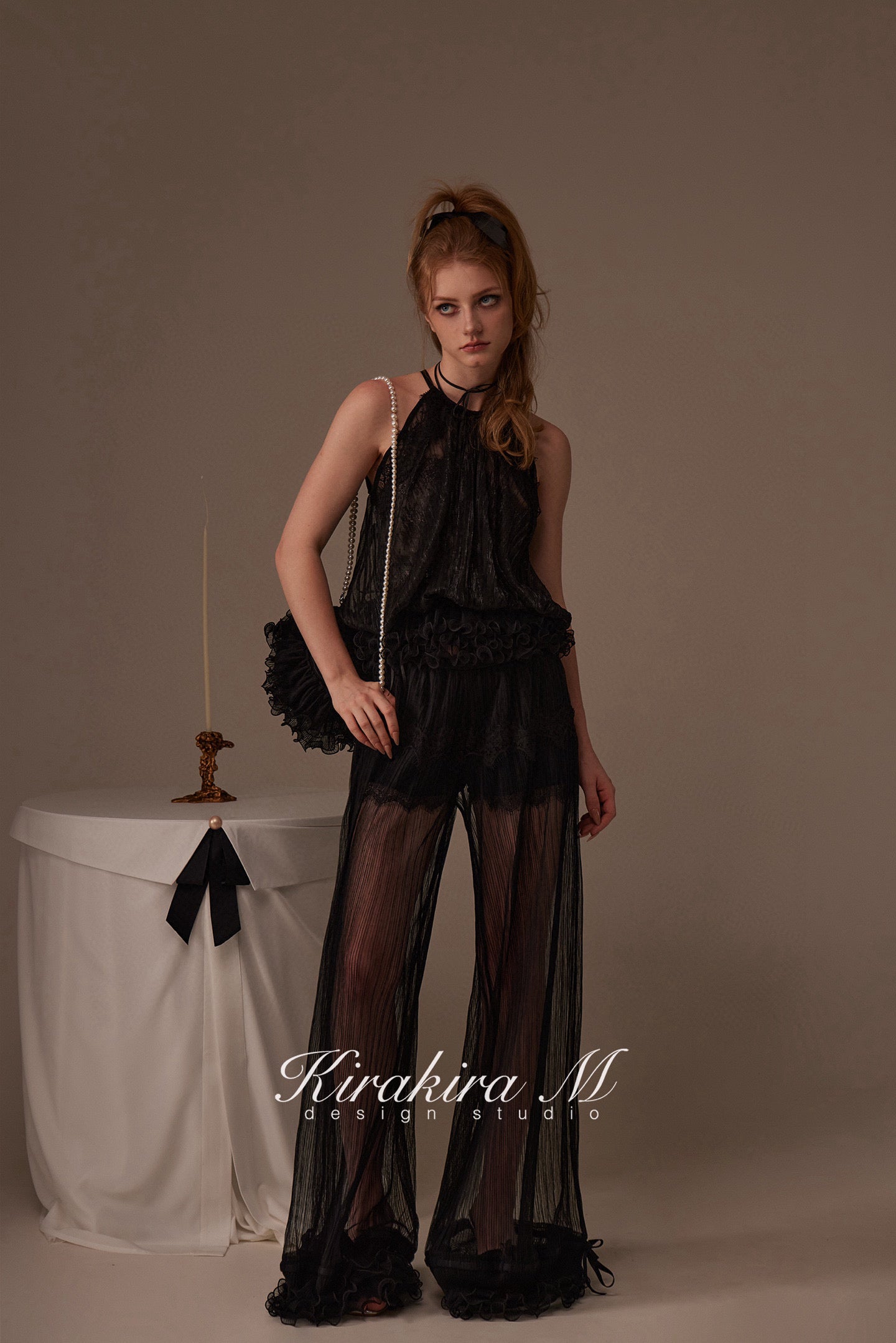 Kirakira.M Black 2-picec set of Multi-layer lace top