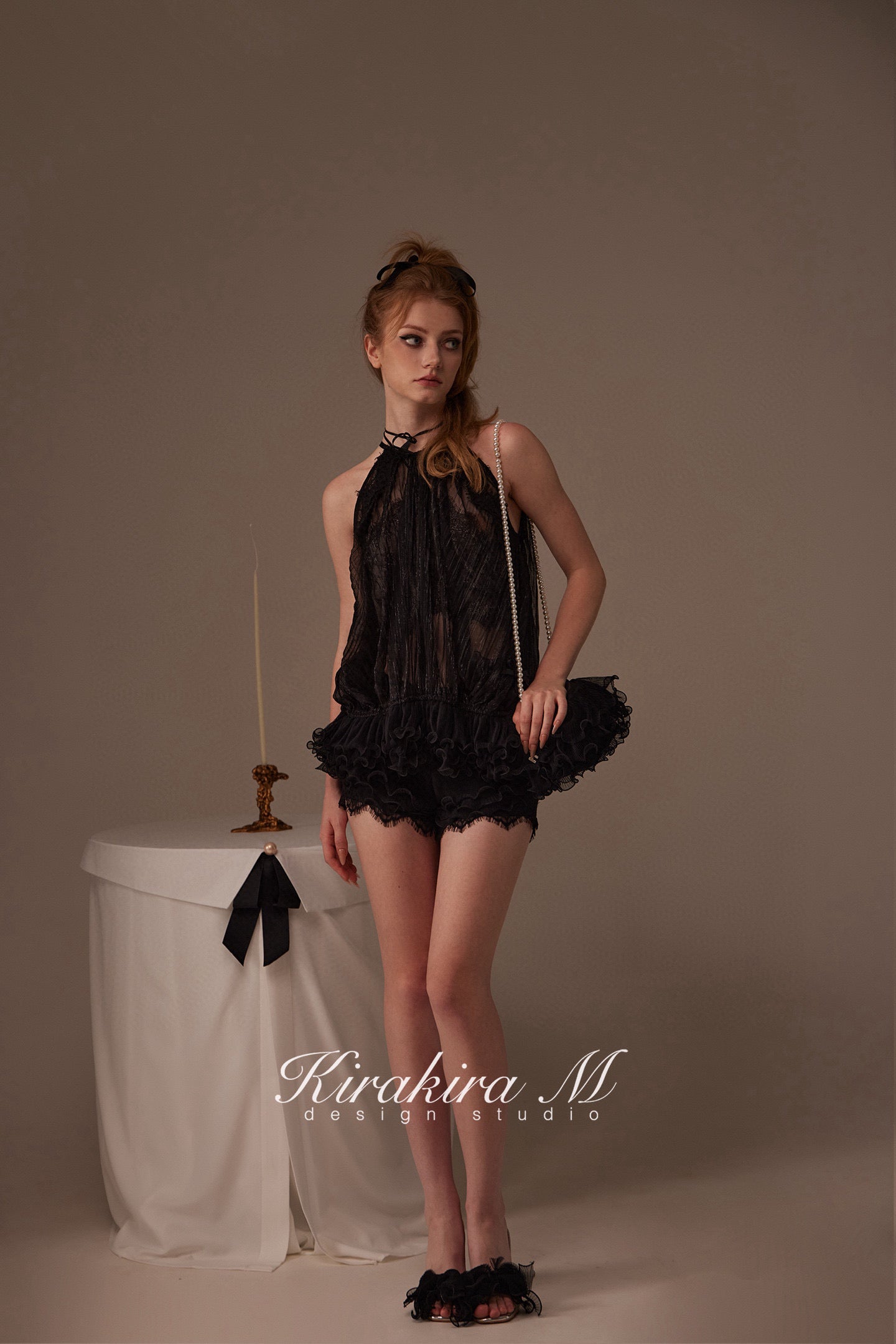 Kirakira.M Black 2-picec set of Multi-layer lace top
