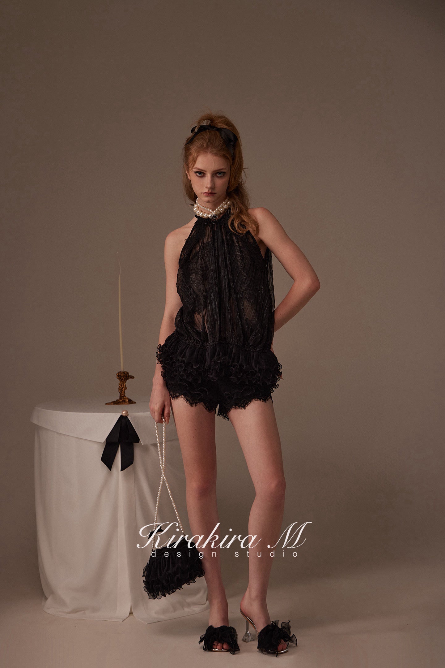 Kirakira.M Black 2-picec set of Multi-layer lace top