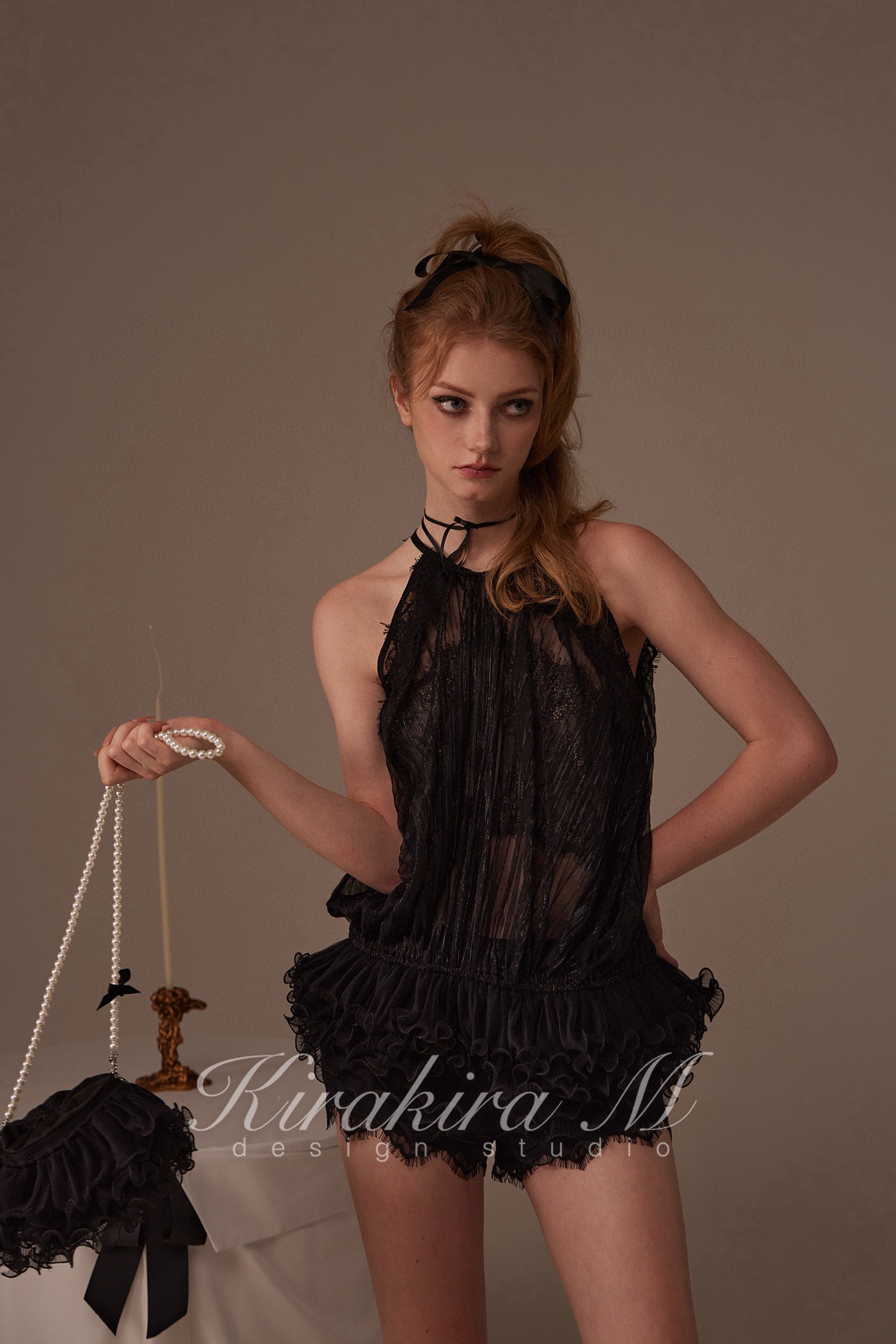 Kirakira.M Black Multi-layer lace pants