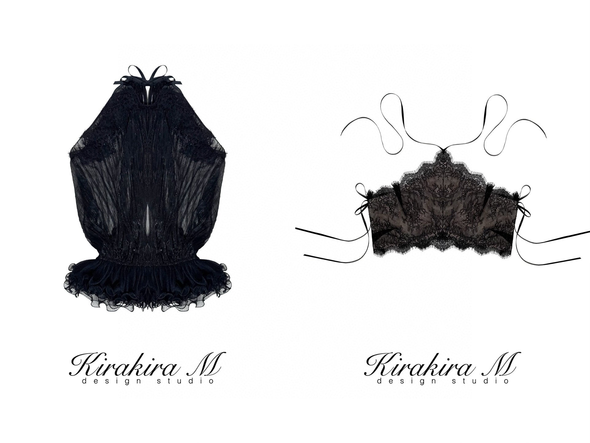 Kirakira.M Black 2-picec set of Multi-layer lace top