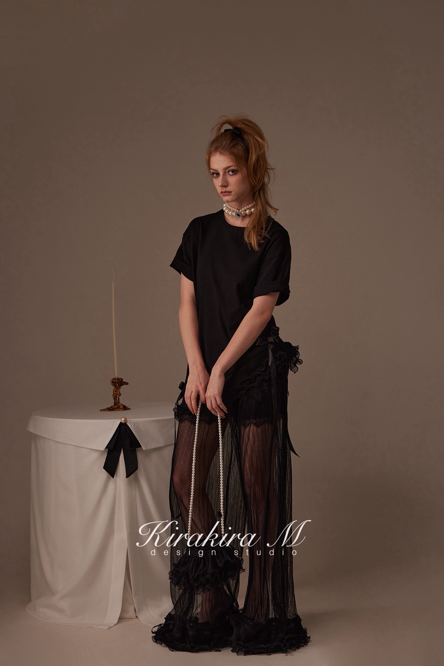 Kirakira.M Black semi-transparent pleated lace trousers (2 ways to wear)