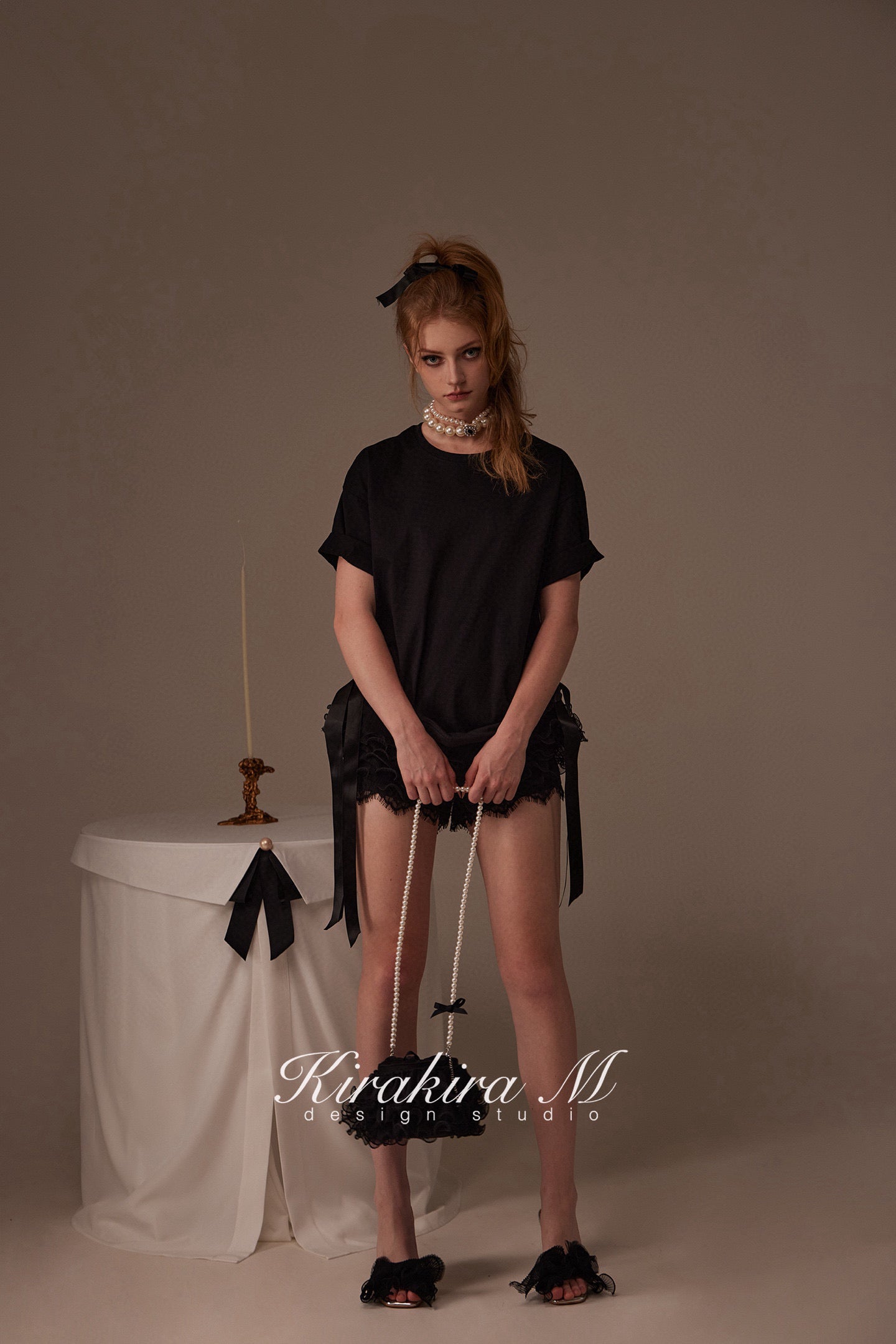 Kirakira.M Black Multi-layer lace pants