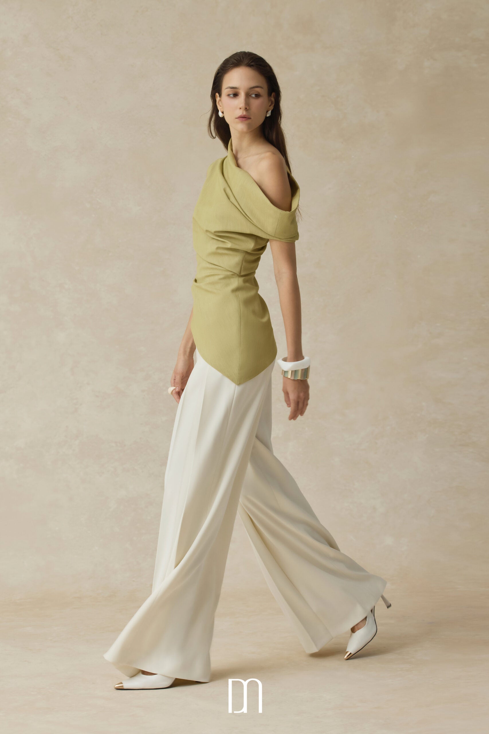 BYDENIO Phoebe Asymmetrical one-shoulder draped top & Mae pleated high-waisted straight