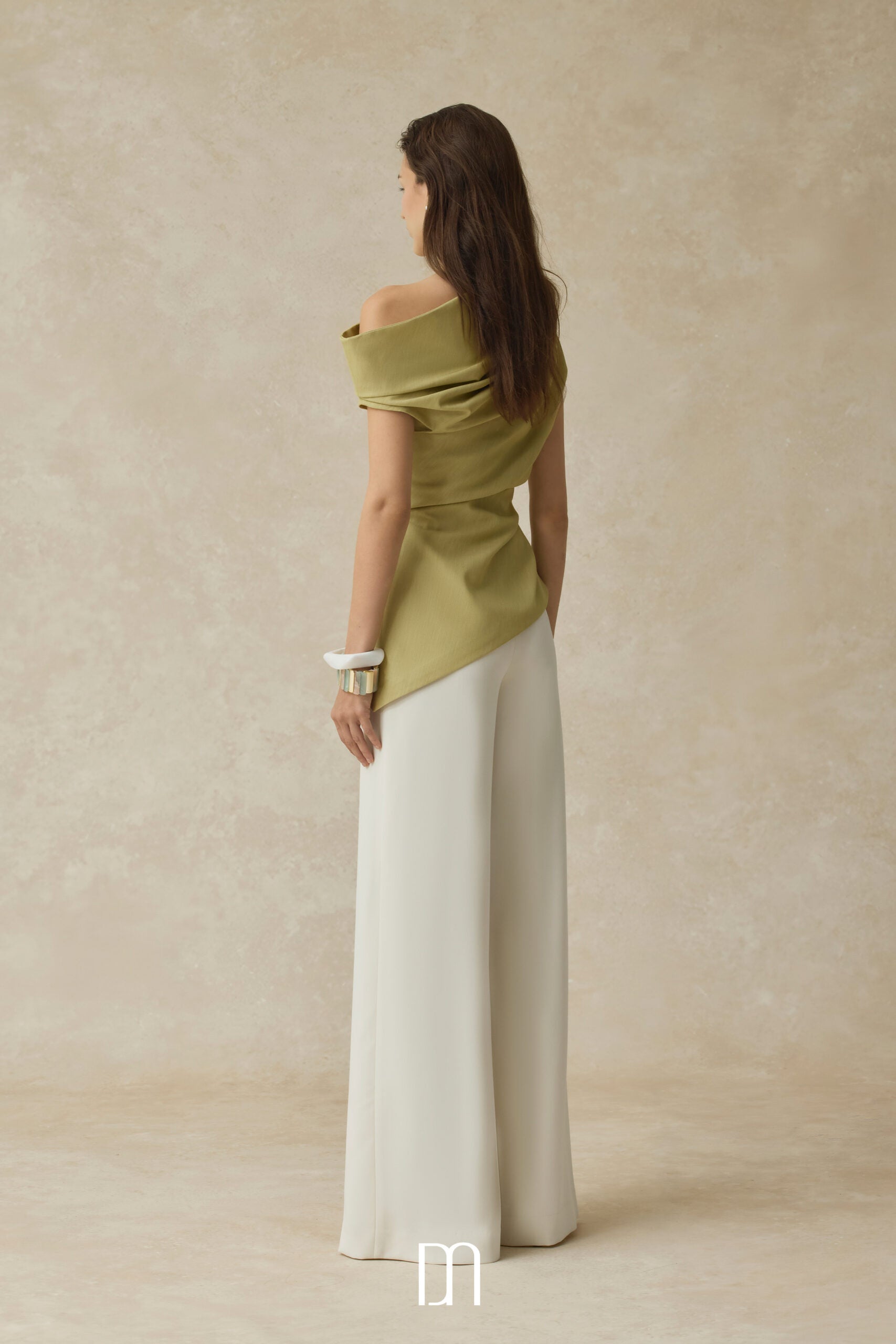BYDENIO Phoebe Asymmetrical one-shoulder draped top & Mae pleated high-waisted straight