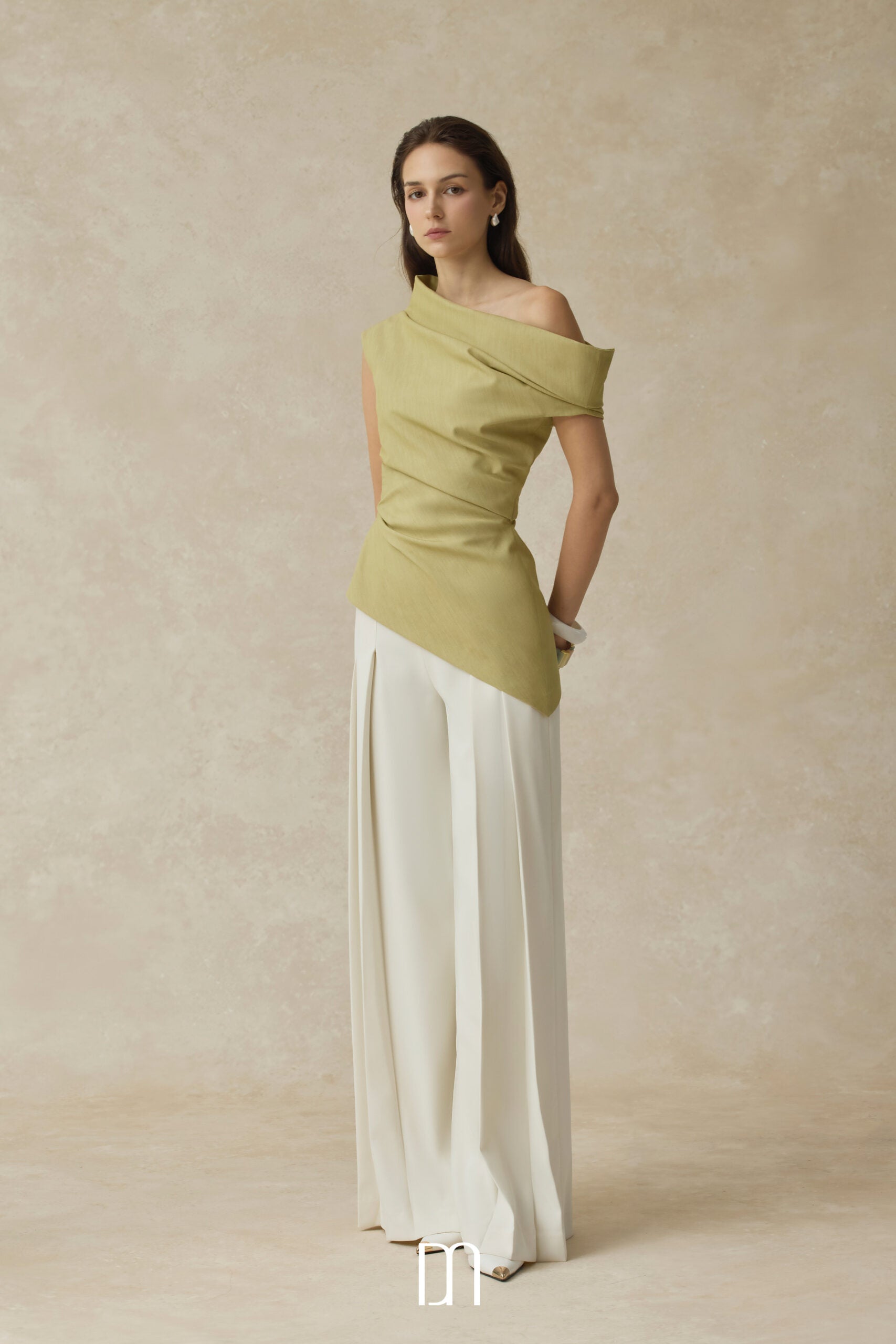 BYDENIO Phoebe Asymmetrical one-shoulder draped top & Mae pleated high-waisted straight