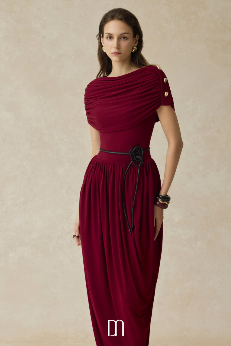 BYDENIO Elyra Ruched boat neckline midi dress with draped skirt