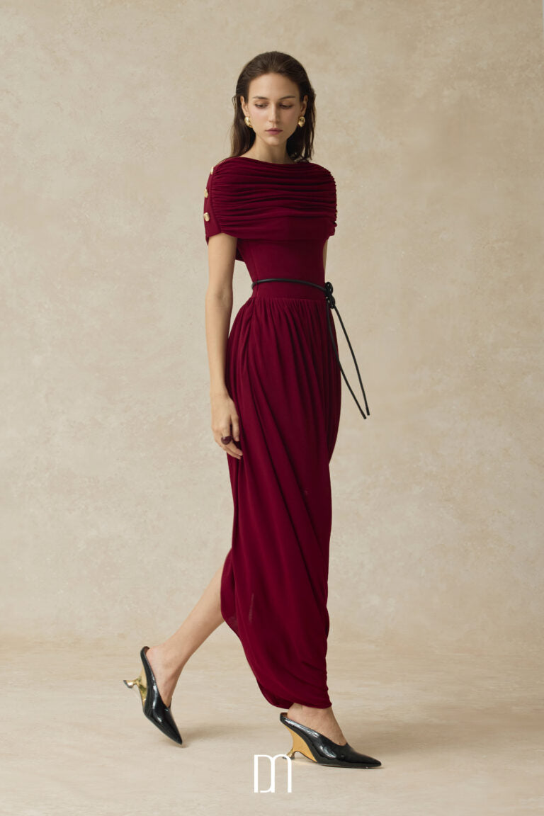 BYDENIO Elyra Ruched boat neckline midi dress with draped skirt