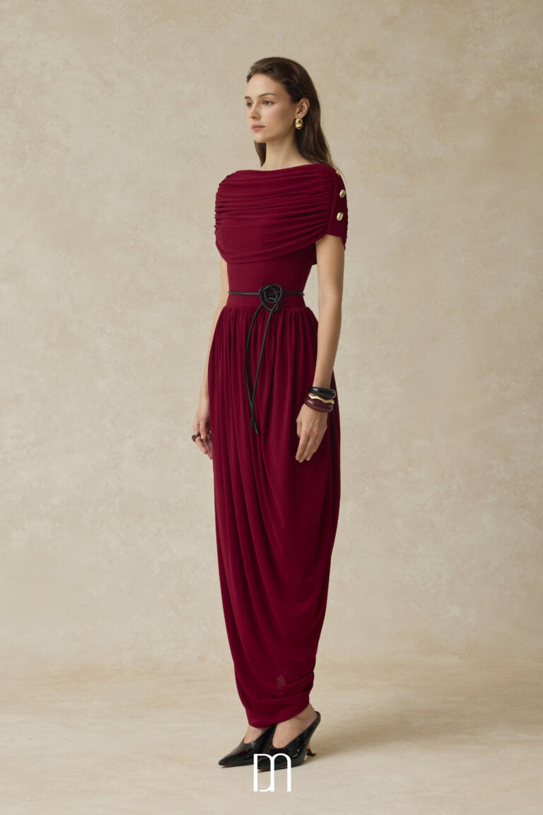 BYDENIO Elyra Ruched boat neckline midi dress with draped skirt