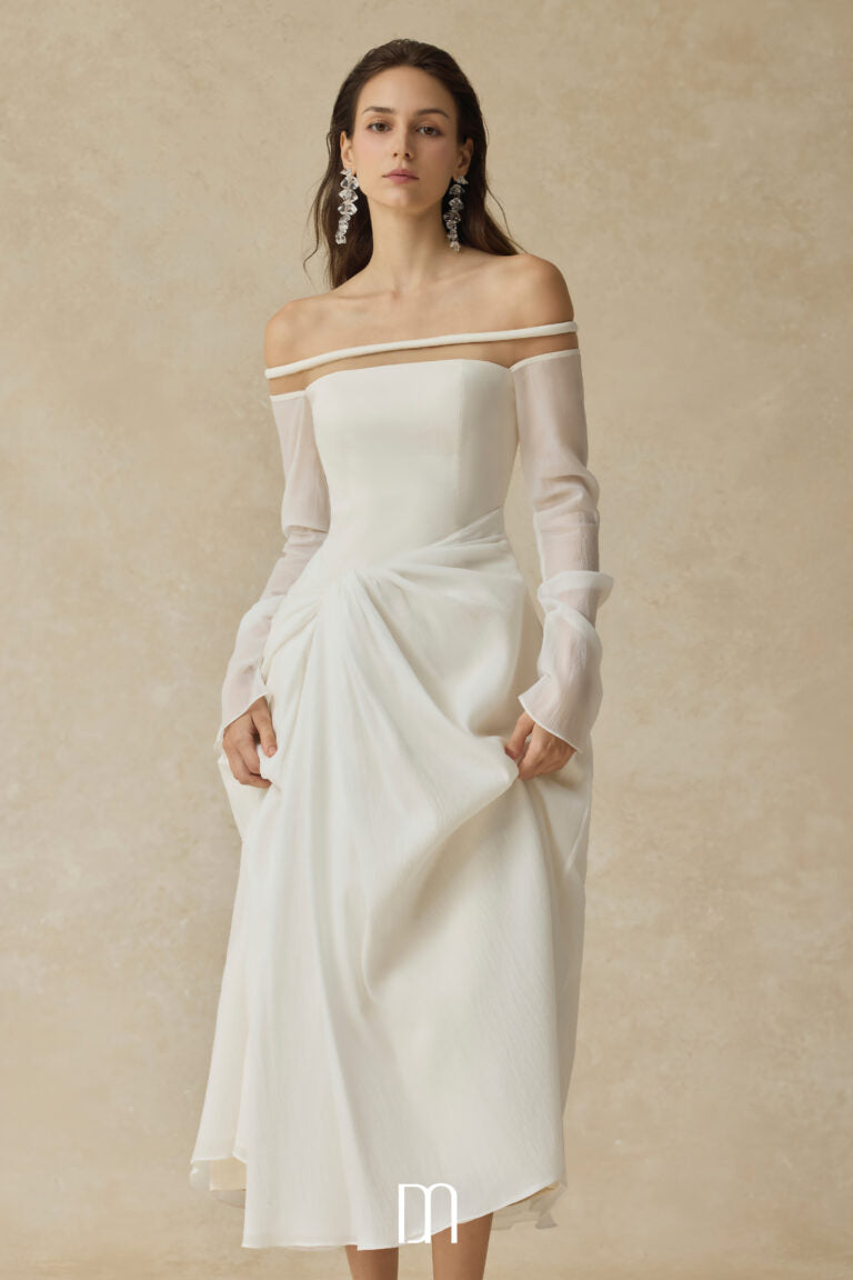 BYDENIO Velora Midi dress with off-shoulder and twisted hip detail