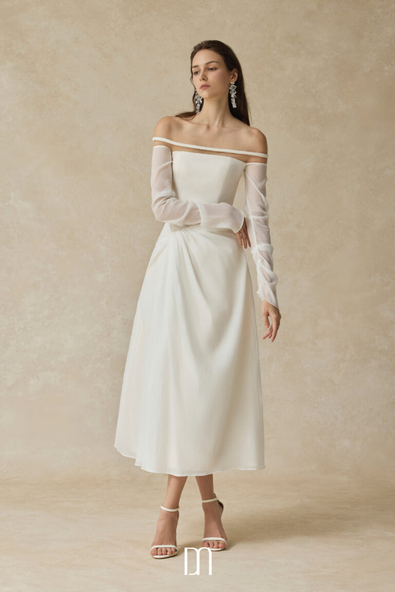 BYDENIO Velora Midi dress with off-shoulder and twisted hip detail