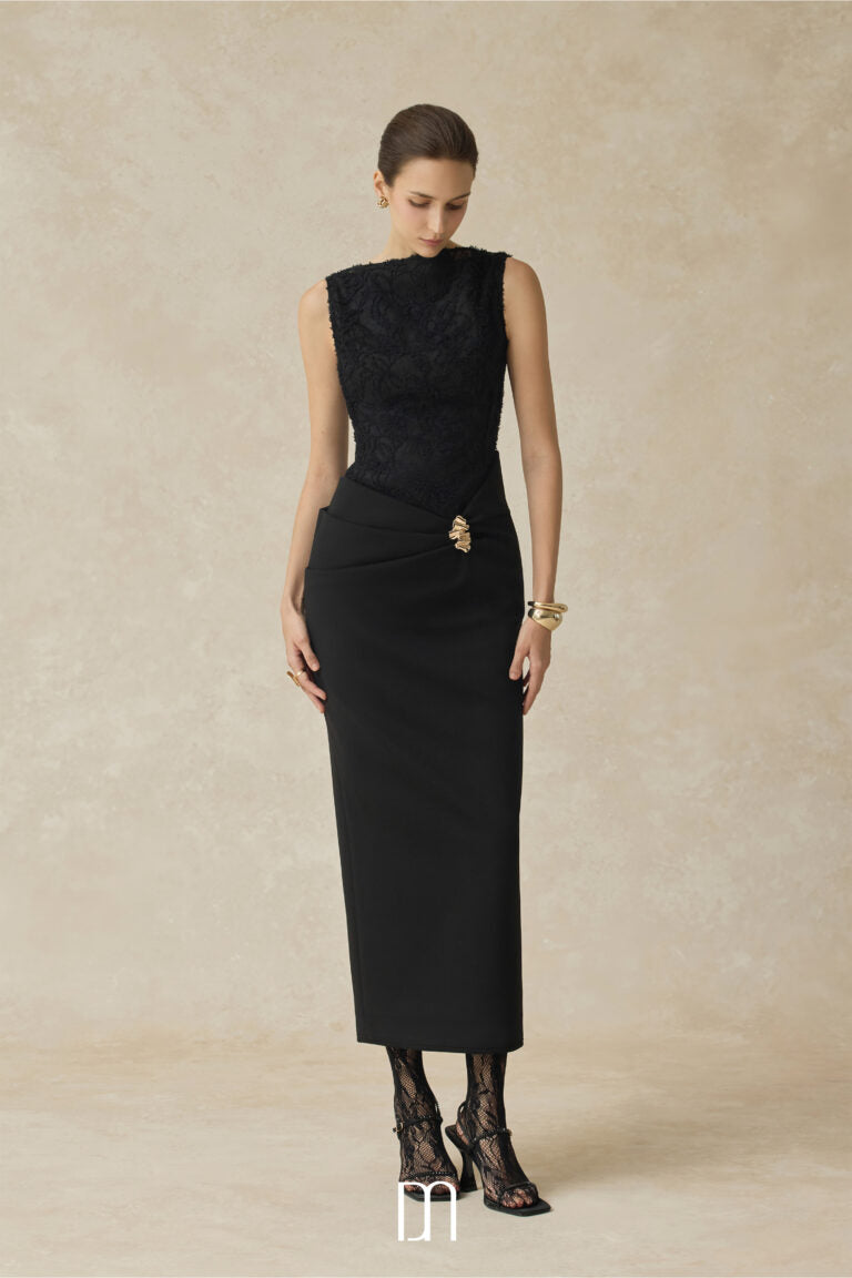 BYDENIO Serephira draping low hip midi dress