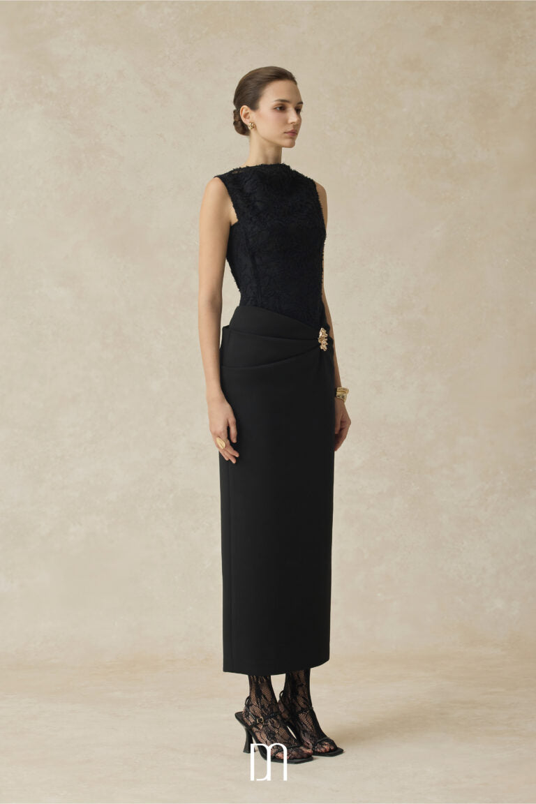 BYDENIO Serephira draping low hip midi dress