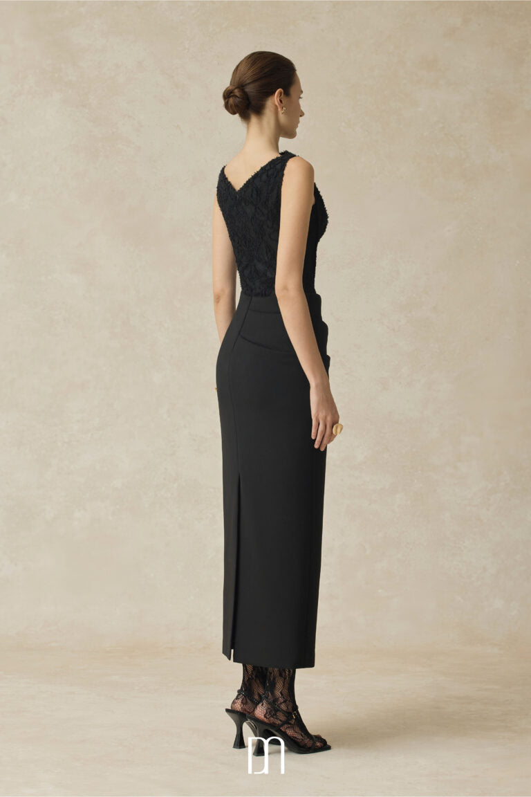 BYDENIO Serephira draping low hip midi dress