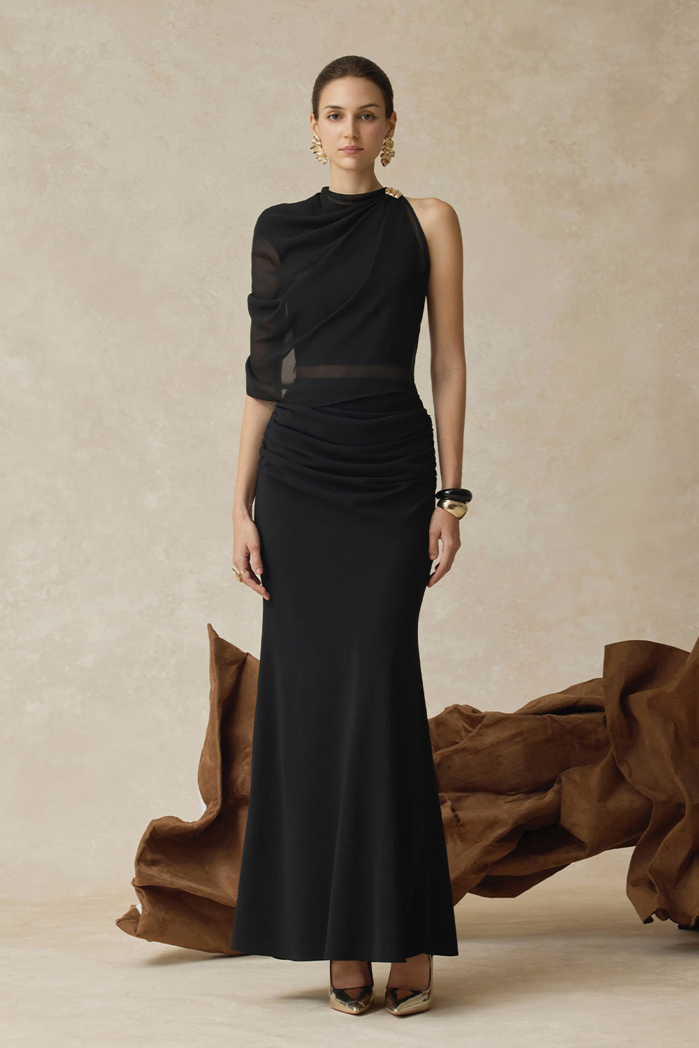 BYDENIO Averi one-shoulder high neck draped top & Amara draped midi mermaid skirt