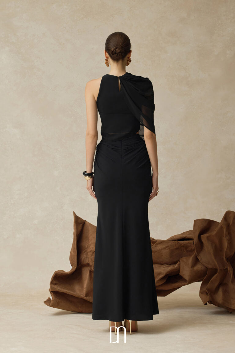BYDENIO Averi one-shoulder high neck draped top & Amara draped midi mermaid skirt