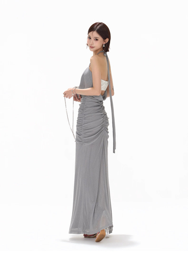 CYNR Haze blue neck strapless pearl dress