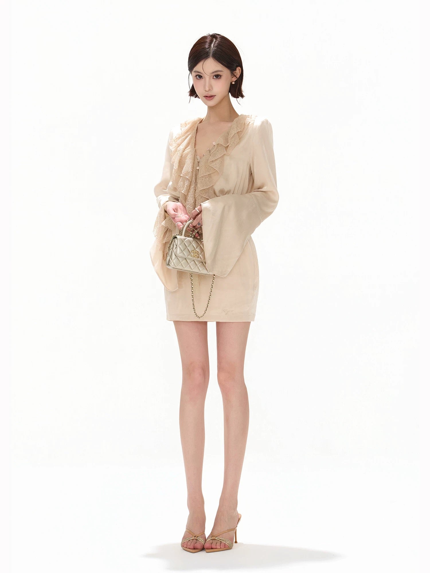 CYNR Lace V-neck satin waist cinched dress