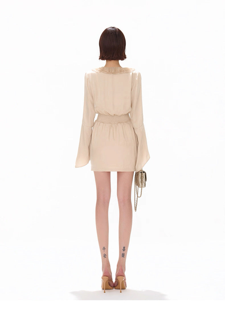 CYNR Lace V-neck satin waist cinched dress