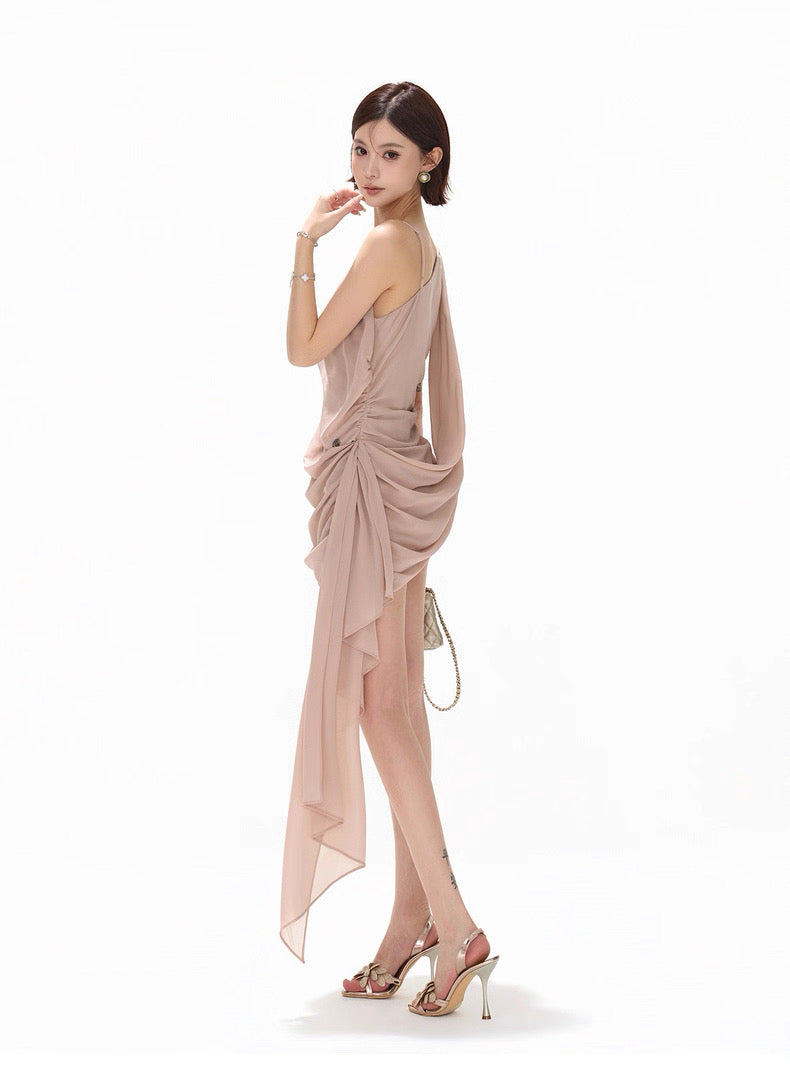 CYNR Irregular flower slanted shoulder dress