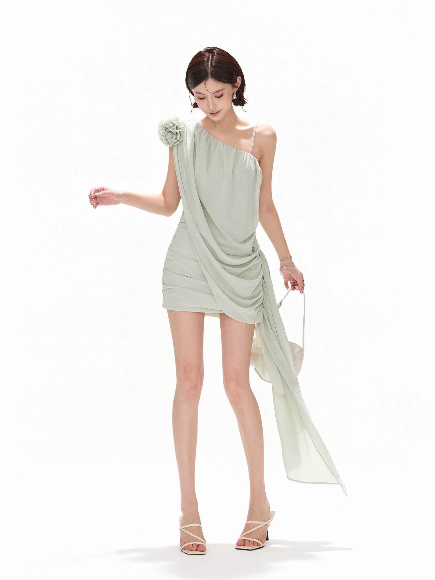 CYNR Flower chiffon ribbon sloping shoulder dress