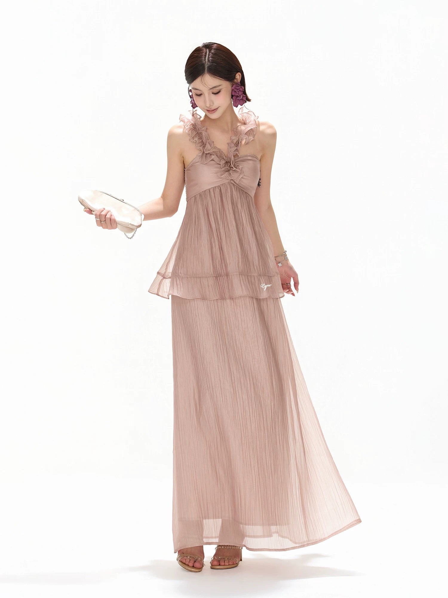 CYNR Hanging neck pleated chiffon strapless dress