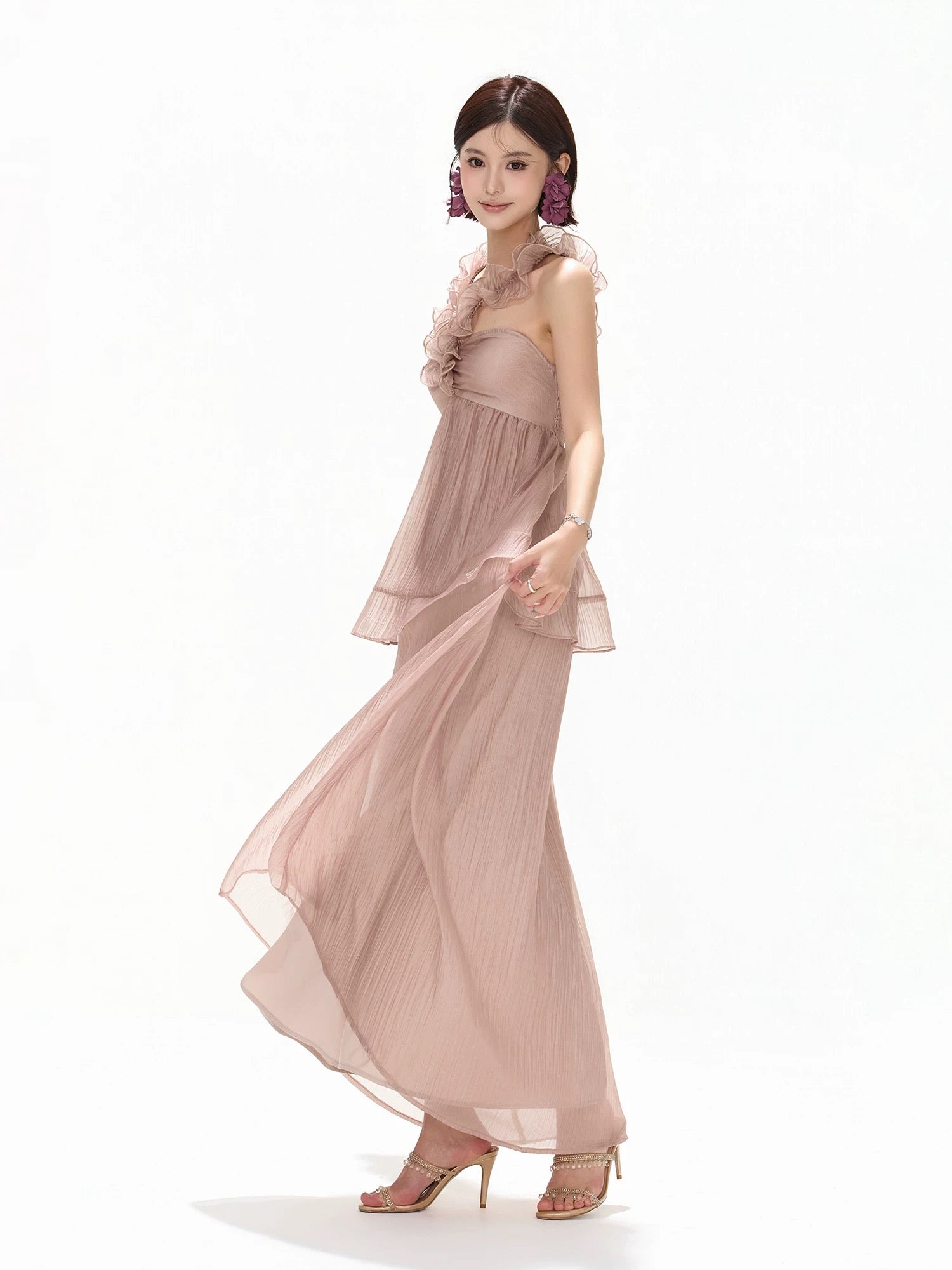 CYNR Hanging neck pleated chiffon strapless dress