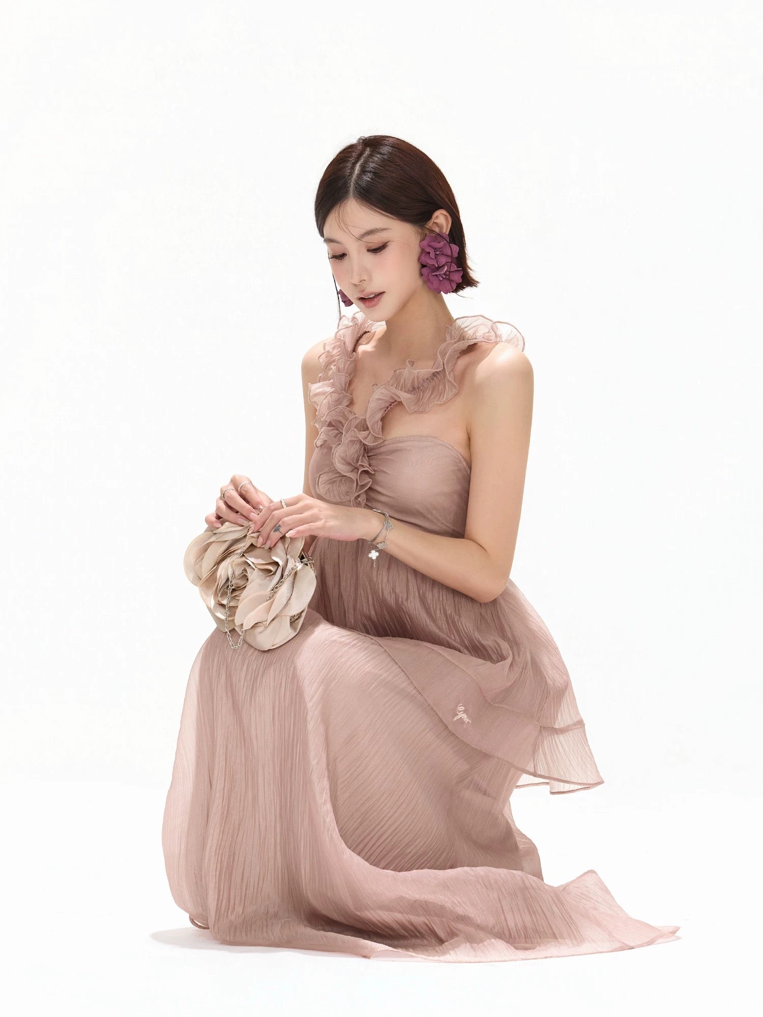 CYNR Hanging neck pleated chiffon strapless dress
