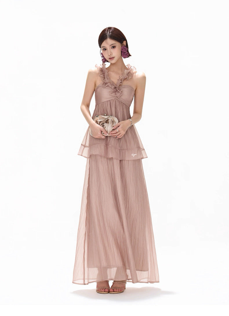 CYNR Hanging neck pleated chiffon strapless dress