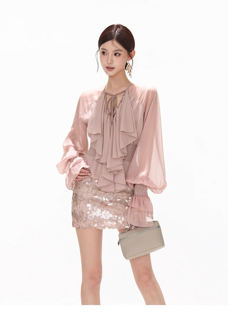 CYNR French V-neck chiffon waist cinched shirt top + sequin skirt
