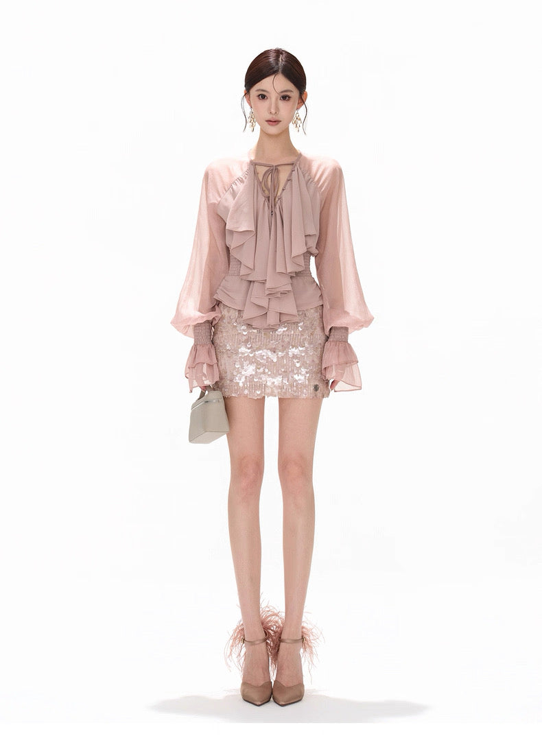 CYNR French V-neck chiffon waist cinched shirt top + sequin skirt