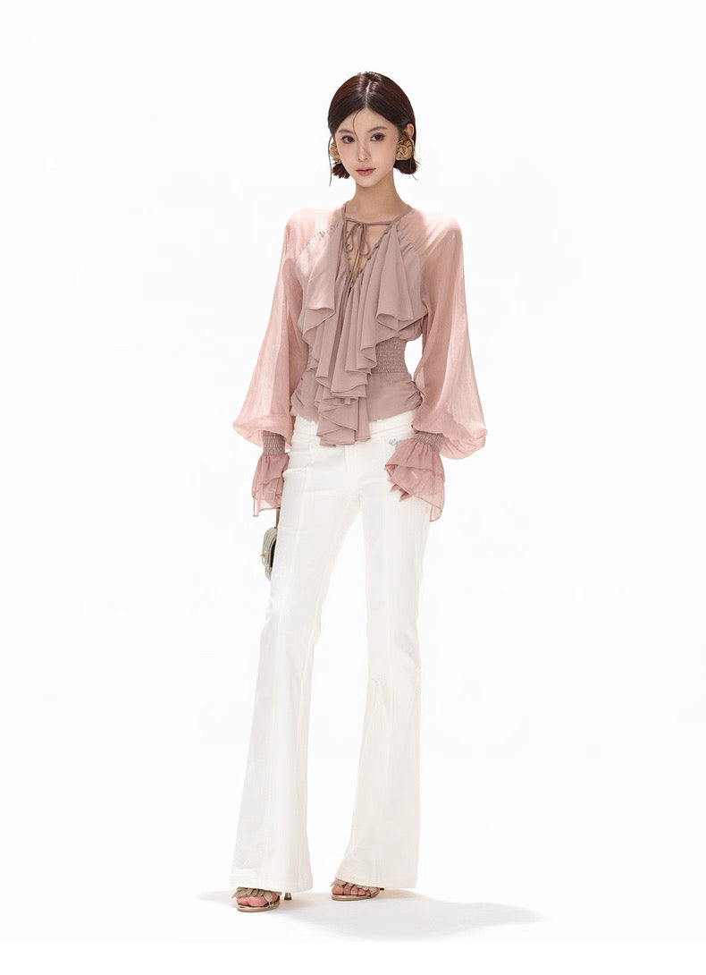 CYNR French V-neck chiffon waist cinched shirt top + sequin skirt