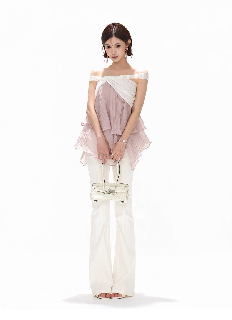 CYNR Off shoulder ruffle edge irregular pleated chiffon top