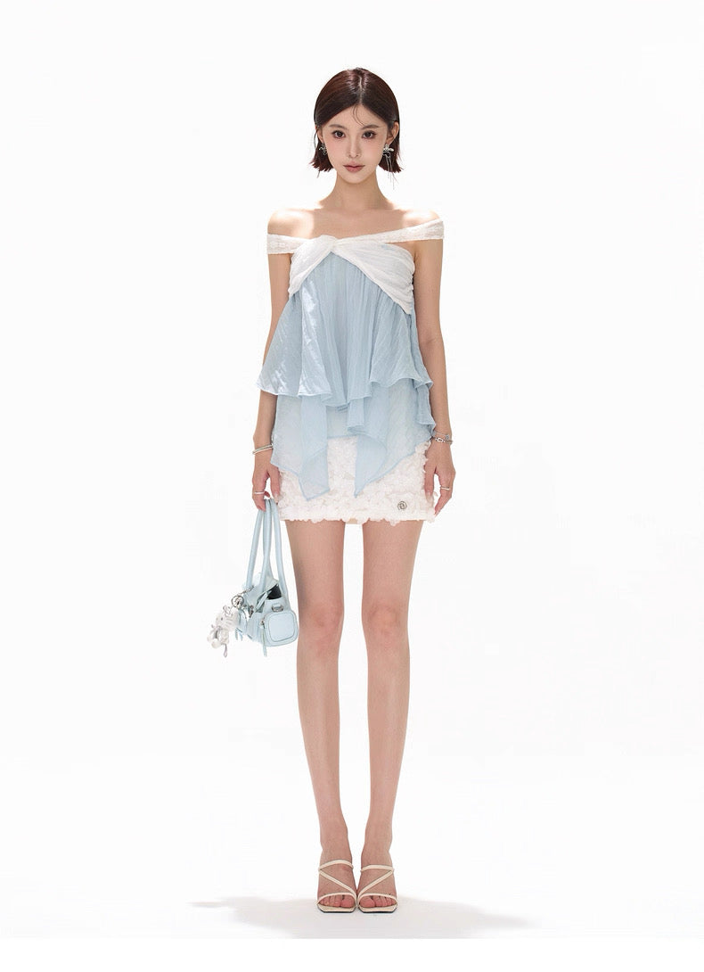 CYNR Off shoulder cross twisted pleated chiffon top