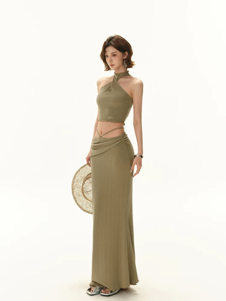 CYNR Knitted slim fit twisted neck strapless top + long skirt