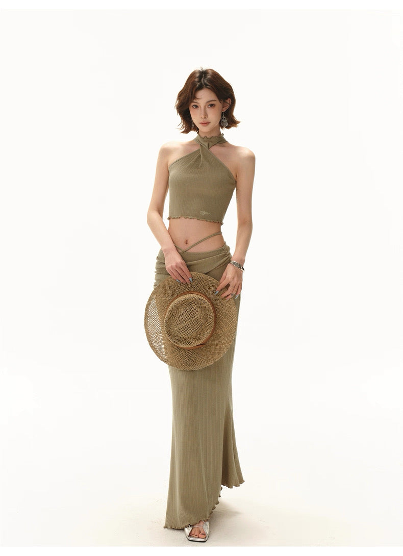 CYNR Knitted slim fit twisted neck strapless top + long skirt