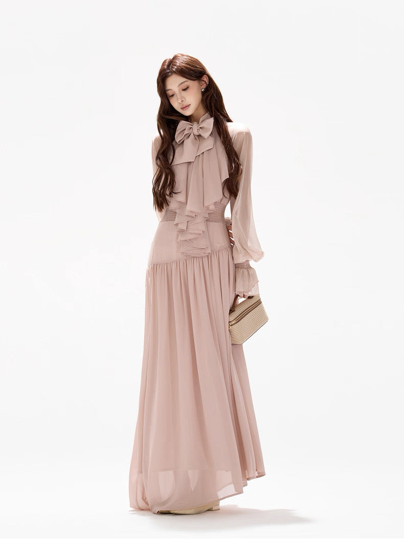 CYNR Chiffon ribbon V-neck dress
